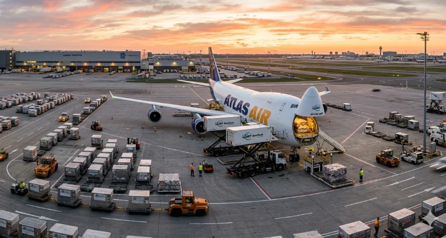An aircraft is loading cargo at the airport, preparing to take off for Europe.