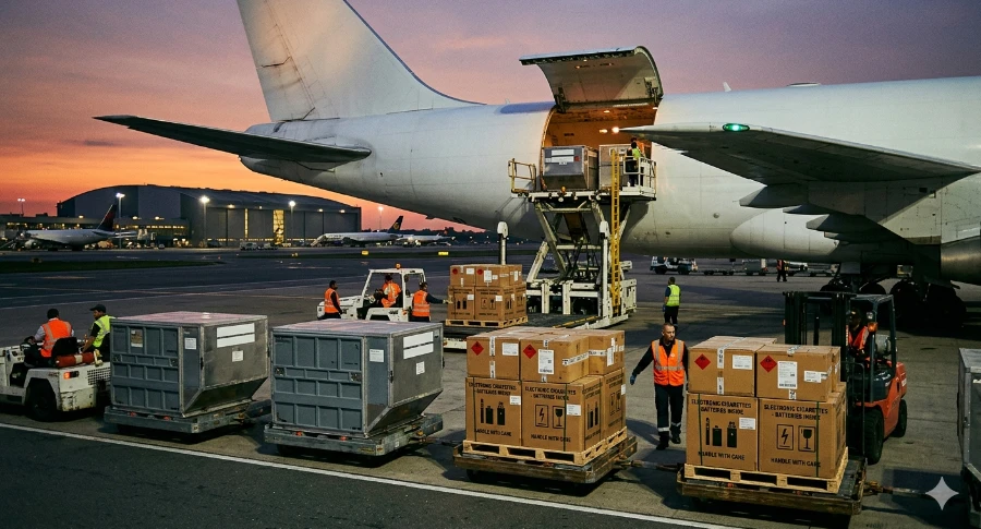 Airport staff are loading a shipment of e-cigarettes onto an aircraft.