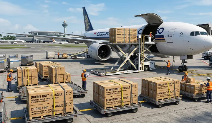 Packaged drones are ready to be loaded onto an aircraft