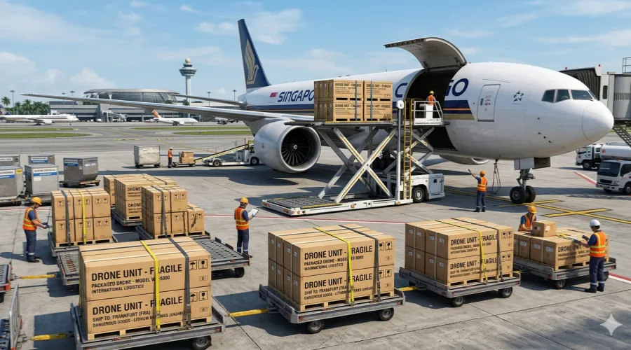 Packaged drones are ready to be loaded onto an aircraft