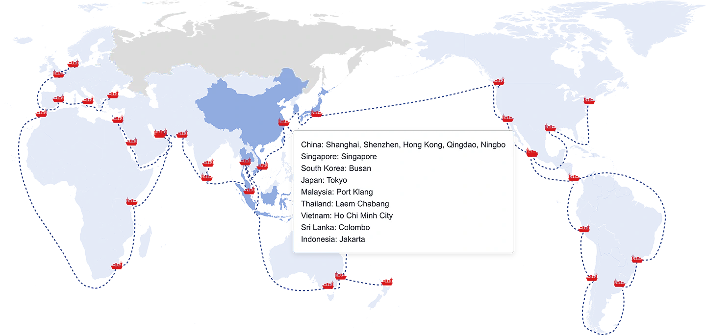 BSI shipping routes from major Asian ports to major ports worldwide.