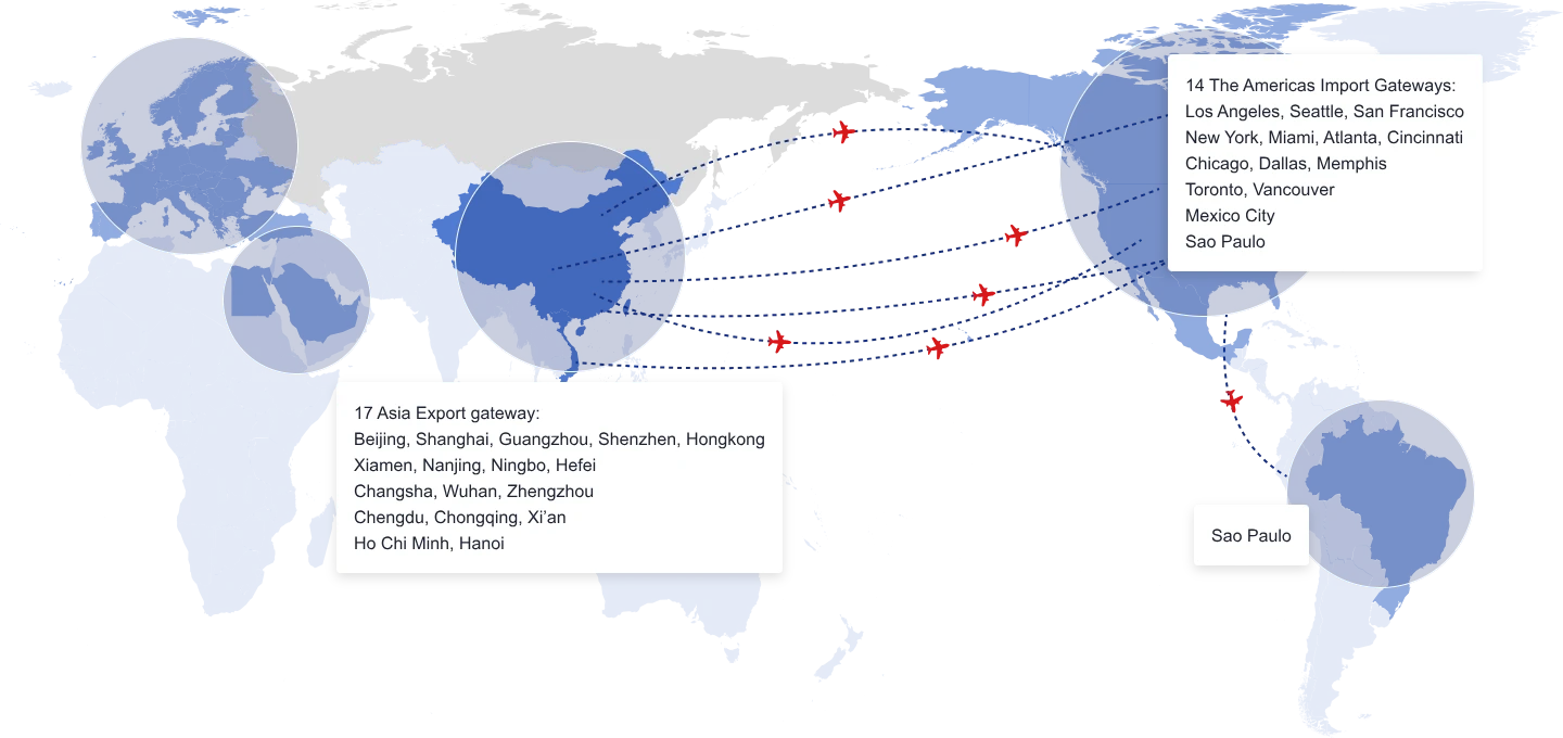 Major air freight routes from China (PVG, SZX, HKG, ......,) to Americas (LAX, ORD, JFK, MEX, GRU, ......) with IATA airport codes - BSI Global Logistics.